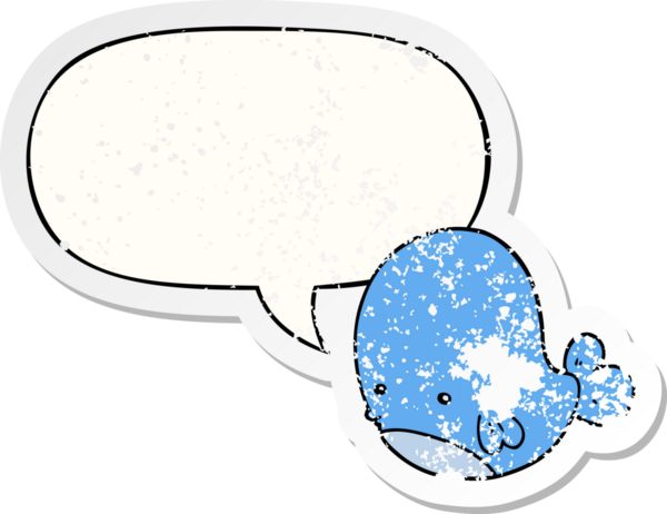 Konuşma baloncuğu olan karikatür balinası bir insan tarafından çizilmiş sıkıntılı eski bir çıkartma