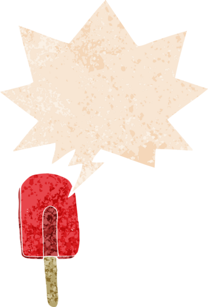 bir insan tarafından çizilmiş grunge sıkıntılı retro stil konuşma balonu ile çizgi film buz lolipopu