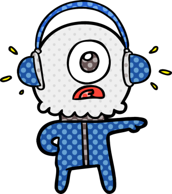 Çizgi film Tepegöz uzaylı uzay adamı bir insan tarafından çizilen müziği dinliyor.