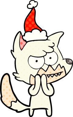 Bir insan tarafından çizilmiş Noel Baba şapkası giymiş bir tilkinin el çizimi çizgi roman tarzı çizimi.