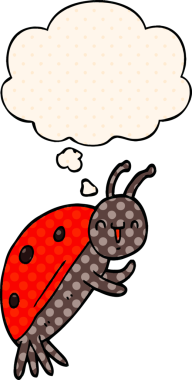 Bir insan tarafından çizilmiş çizgi roman tarzında düşünce balonu olan sevimli uğur böceği.