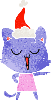 Bir insan tarafından çizilmiş Noel Baba şapkası takan bir kedinin retro çizgi filmi.