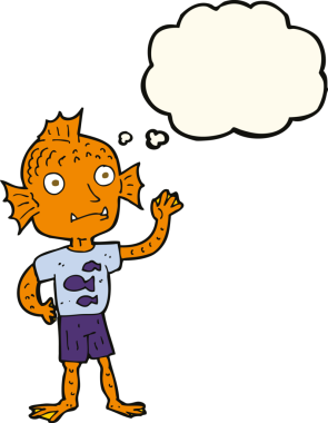 Bir insan tarafından çizilmiş düşünce balonlu balık çocuk.