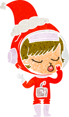 Bir insan tarafından çizilmiş Noel Baba şapkası giyen güzel bir astronot kızın el çizimi karikatürü.