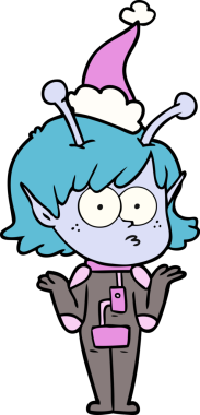 Bir insan tarafından çizilmiş Noel Baba şapkası giyen uzaylı bir kızın el çizimi.