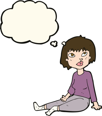 Bir insan tarafından çizilmiş düşünce baloncuğuyla yerde oturan bir karikatür kadın.