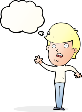 Bir insan tarafından çizilmiş düşünce baloncuğu olan mutsuz bir çocuk.