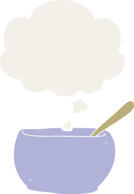 Düşünce baloncuklu karikatür çorba kasesi insan tarafından çizilmiş.