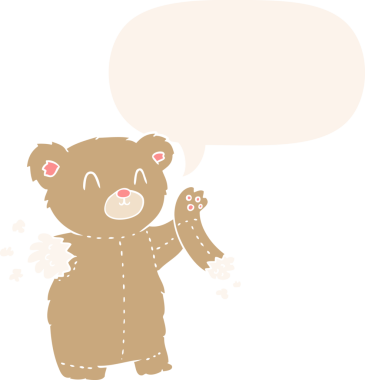 Yırtık kollu çizgi film ayısı. Konuşma baloncuğu insan tarafından çizilmiş.