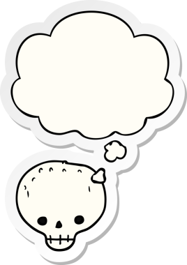 İnsan tarafından çizilmiş bir çıkartma olarak düşünce baloncuğu olan karikatür kafatası.