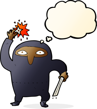 Bir insan tarafından çizilmiş düşünce baloncuklu ninja çizgi filmi.