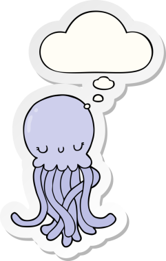 Bir insan tarafından çizilmiş, düşünce baloncuklu şirin denizanası çizgi filmi.