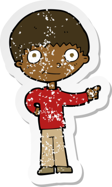 Bir insan tarafından çizilmiş mutlu çocuk çizgi filminin kederli retro yapıştırması.