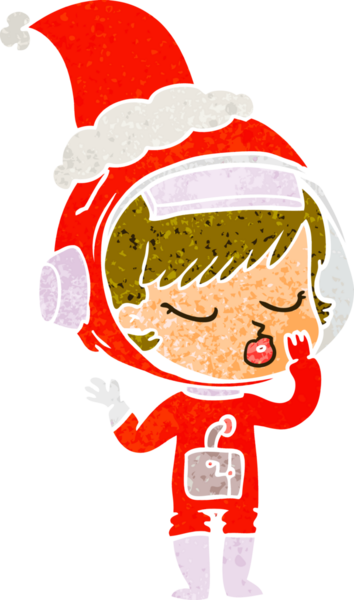 Bir insan tarafından çizilmiş Noel Baba şapkası giyen güzel bir astronot kızın el çizimi karikatürü.