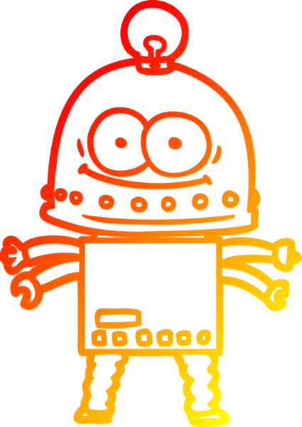 Bir insan tarafından çizilmiş ampullü mutlu bir robot çizimi.