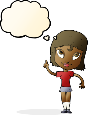 Bir insan tarafından çizilmiş düşünce baloncuğu fikri olan karikatür kadın.