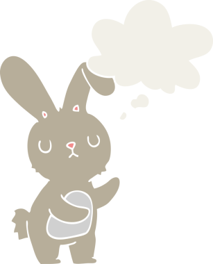 Bir insan tarafından çizilmiş düşünce baloncuklu sevimli çizgi film tavşanı.