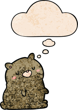 Bir insan tarafından çizilmiş grunge desenli düşünce baloncuklu çizgi film ayısı.