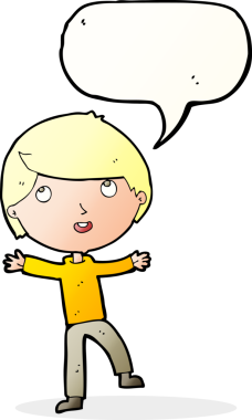 Bir insan tarafından çizilmiş konuşma balonu olan mutlu bir çocuk.