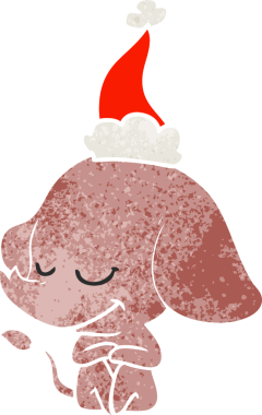 Bir insanın çizdiği Noel Baba şapkası takan gülümseyen bir filin el çizimi karikatürü.