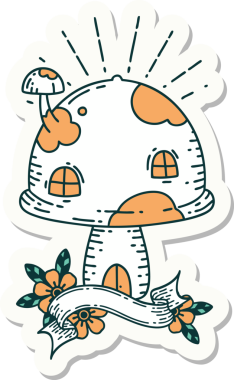 Bir insan tarafından çizilmiş dövme stili mantar evi çıkartması.