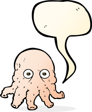 Bir insan tarafından çizilmiş konuşma baloncuklu uzaylı mürekkep balığı yüzü.