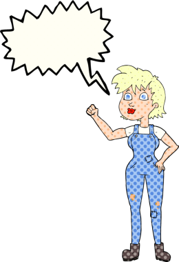 El yazısıyla çizilmiş çizgi roman konuşma balonu karikatürü. Kendine güvenen çiftçi kadın bir insan tarafından çizilmiş.