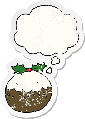 Düşünce baloncuklu Noel pudingi insan tarafından çizilmiş yıpranmış bir çıkartma.