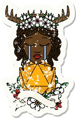 Retro Dövme Tarzı Ağlayan İnsan Druid Bir insan tarafından çizilmiş D20 doğal bir rulo