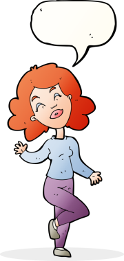 Bir insan tarafından çizilmiş konuşma balonuyla dans eden mutlu kadın çizgi filmi.