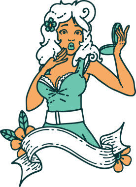 İkonik dövme stili. Bir insan tarafından çizilmiş afişi olan şaşırmış bir kız resmi.