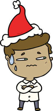 Bir insan tarafından çizilmiş Noel Baba şapkası giymiş endişeli bir adamın el çizimi.