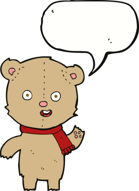 Bir insan tarafından çizilmiş konuşma balonlu atkıyla oyuncak ayıyı sallayan çizgi film.