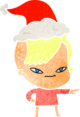 Hipster saç kesimli bir kızın insan tarafından çizilmiş Noel Baba şapkası taktığı hoş bir el çizimi.