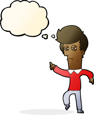 Bir insan tarafından çizilen düşünce baloncuğuyla suçlanan çizgi film adamı.