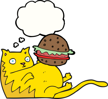 Bir insan tarafından çizilmiş serbest çizim düşünce baloncuklu şişman kedi.