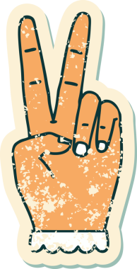 Bir barış sembolünün grunge sticker 'ı Bir insan tarafından çizilmiş iki parmak el hareketi