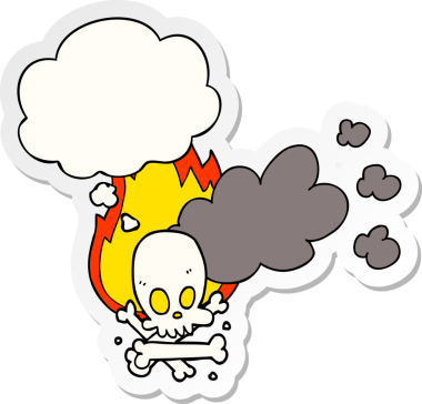 Düşünce baloncuğuyla yanan kemikler insan tarafından çizilmiş bir çıkartma gibi.