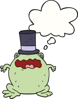 Bir insan tarafından çizilmiş düşünce baloncuklu silindir şapkalı çizgi film karakurbağası.