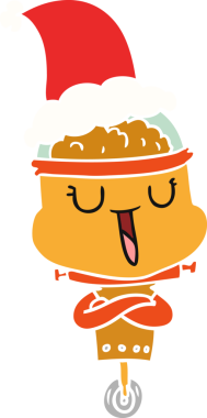 Bir insan tarafından çizilmiş Noel Baba şapkası takan bir robotun düz renk çizimi.