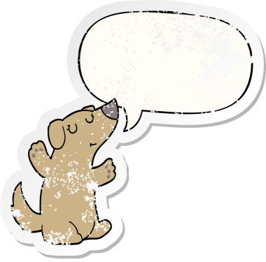 Konuşma baloncuğu olan çizgi film köpeği bir insan tarafından çizilmiş sıkıntılı eski bir çıkartma