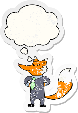 Bir insan tarafından çizilmiş sıkıntılı bir çıkartma gibi düşünce balonu olan tilki çizgi film işadamı.