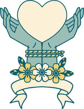 Elleri bağlı ve kalbi bir insan tarafından çizilmiş geleneksel bir dövme.