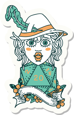 Bir insan tarafından çizilmiş 20 zarlı elf şairinin çıkartması.