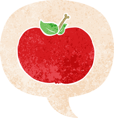 grunge ile konuşma balonu ile çizgi film elma sıkıntılı retro stil bir insan tarafından çizilmiş