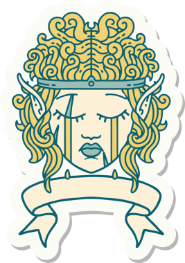 Ağlayan bir elf barbarının çıkartması. İnsan tarafından çizilmiş bir pankartıyla karakter suratı.