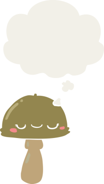 Düşünce baloncuğu olan çizgi film mantarları insan tarafından çizilmiş.