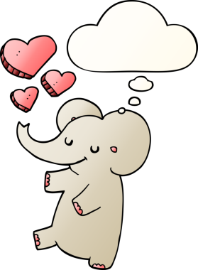 Bir insan tarafından çizilmiş yumuşak eğimli düşünce baloncuklu aşk dolu aşk dolu bir fil.