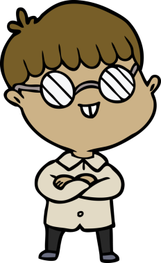 Bir insan tarafından çizilmiş gözlük takan çizgi film çocuğu.