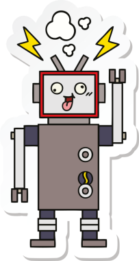 Bir insan tarafından çizilmiş, sevimli, çatlak, çatlak bir robotun çıkartması.